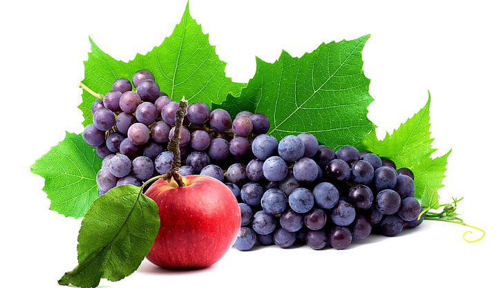 ripe grape and apple fruits, leaves, Apple, berry, grapes, bunch, white background, HD wallpaper