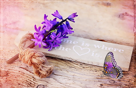 Home Is Where The Heart Is, purple hyacinth flowers, Vintage, Flower, Purple, Spring, Butterfly, Wood, Close, Fragrant, Hyacinth, Painting, Cute, Springtime, stilllife, springflower, digitalpainting, fragrantflower, woodensign, HD wallpaper HD wallpaper