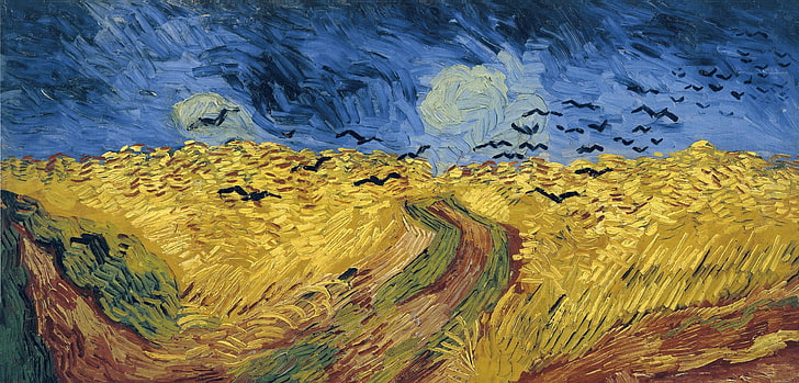 peinture d'art abstrait, route, champ, corbeaux, 1890, Vincent Willem van Gogh, champ de blé avec des corbeaux, Fond d'écran HD