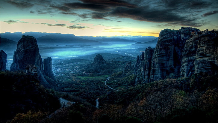 paisagem photographyof montanhas cinzentas, natureza, paisagem, rocha, céu, nuvens, Meteora, Grécia, HD papel de parede