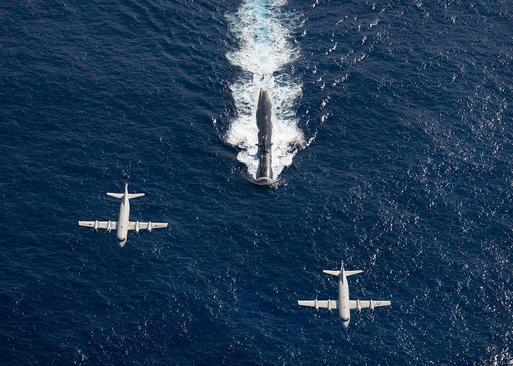 two white airplanes, submarine, p3c orion, military, aerial view, military aircraft, HD wallpaper