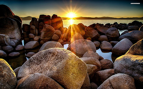 Amazing, Beach, sunrise, sun, sea, sky, Rock, nature, 1920x1200, HD wallpaper HD wallpaper