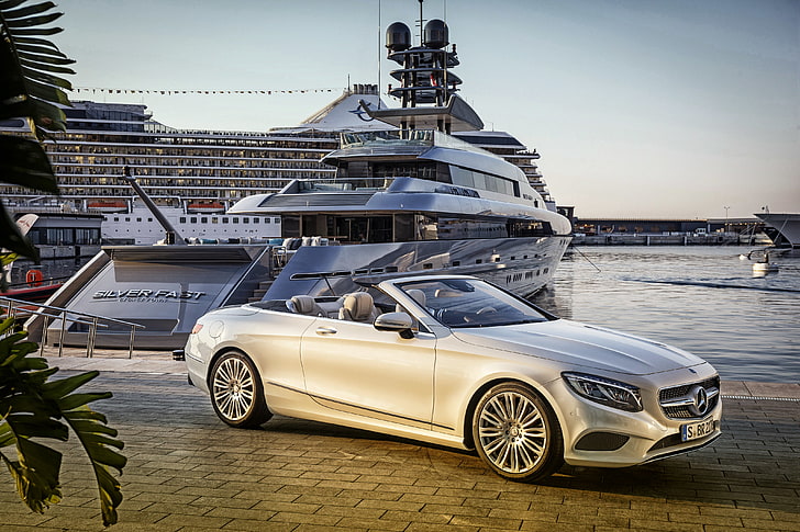 gray convertible coupe, Mercedes-Benz, yacht, convertible, Mercedes, 2015, S 500, A217, HD wallpaper