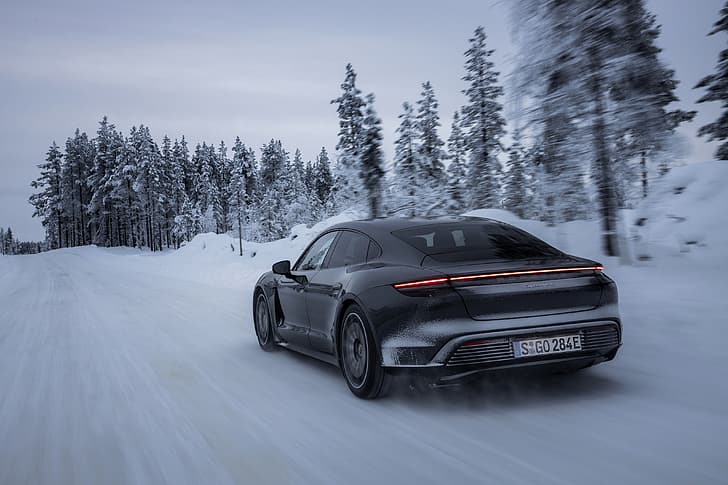 сняг, черен, Porsche, зимен път, 2020, Taycan, Taycan 4S, HD тапет