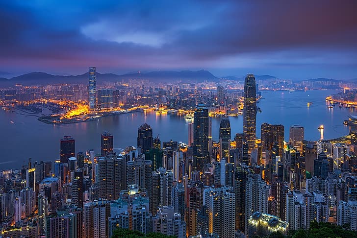 światła, wieczór, Chiny, Hongkong, Tapety HD