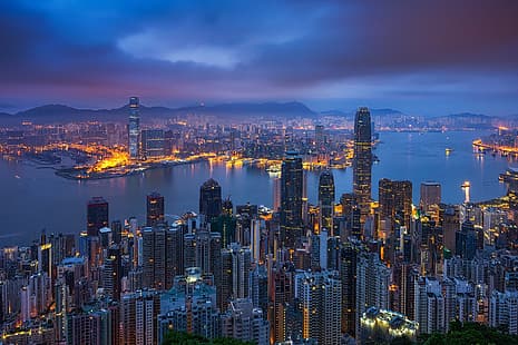 светлини, вечерта, Китай, Хонг Конг, HD тапет HD wallpaper