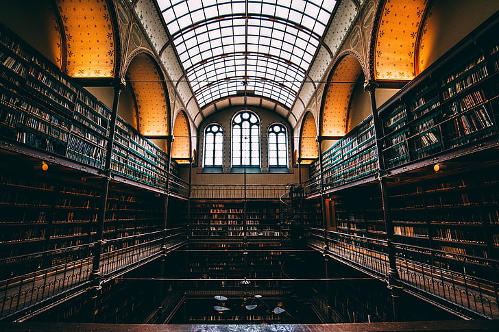 library, symmetry, books, HD wallpaper