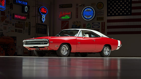 red coupe, car, Dodge Charger, Dodge Charger R/T, muscle cars, classic car, Dodge, HD wallpaper HD wallpaper