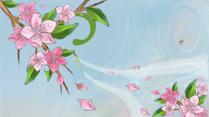 Sakura Breeze, sakura illustration, blooms, breeze, oriental, cherry blossoms, flowers, blossoms, blowing, spring, apple blossoms, sakur, HD wallpaper