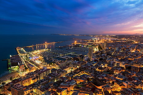 Valencia, İspanya, kahverengi ve siyah şehir manzarası havadan görünümü fotoğraf, Valencia, İspanya, şehir, akşam, alacakaranlık, Gün batımı, görünüm, ışıklar, ev, bina, HD masaüstü duvar kağıdı HD wallpaper