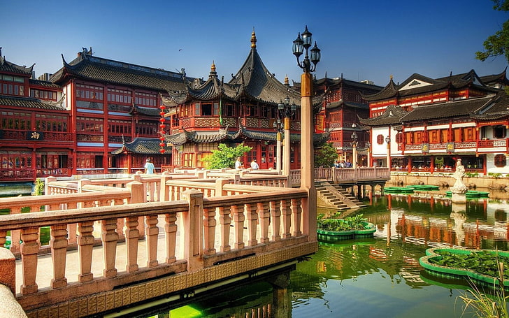 orange and beige building, tea palace, shanghai, china, HD wallpaper
