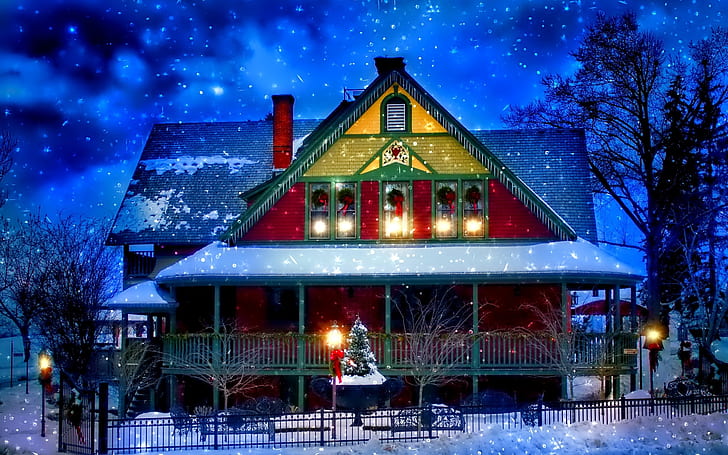 Śnieg zima, dom, Nowy Rok, Boże Narodzenie, światła, drzewa, wieczór, niebieski, czerwony i żółty dom, Śnieg, Zima, Dom, Nowy, Rok, Boże Narodzenie, Światła, Drzewa, Wieczór, Tapety HD