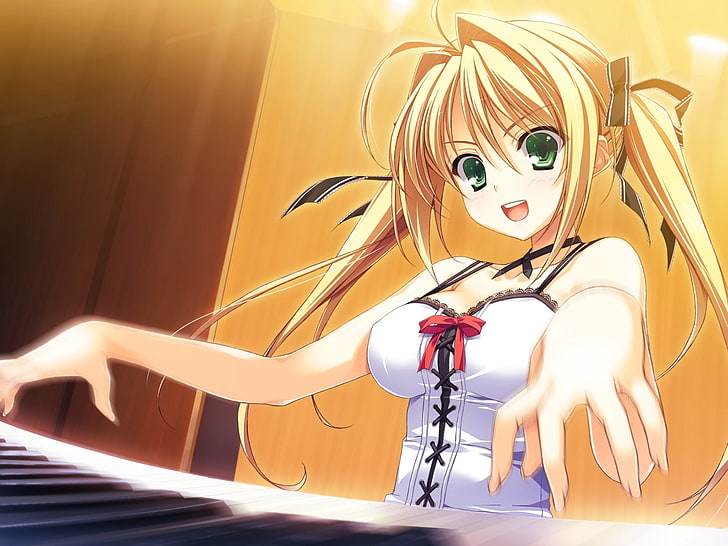weibliche anime charakter spielt klavier illustration, yuuki hagure, kourin no machi lavendel no shoujo, kamiyama reika, mädchen, blondine, freude, klavier, elfenbein, HD-Hintergrundbild