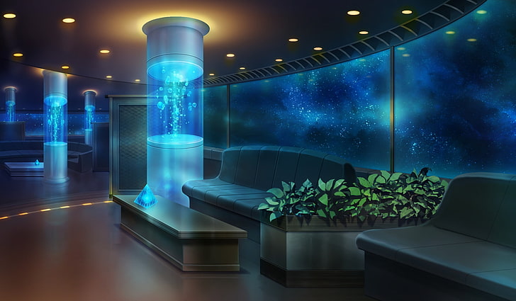 green ovate leaf plant, water, room, sofa, art, aquariums, capacity, tomose shunsaku, reminiscence, HD wallpaper