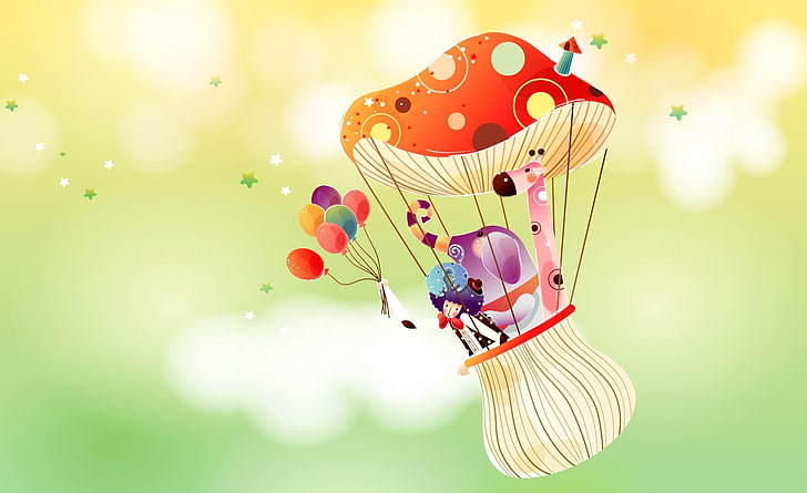 Childhood Fairytales Mushroom Balloon, animals riding mushroom hot-air balloon illustration, Aero, Vector Art, Mushroom, Childhood, Fairytales, childhood fairytales, mushroom balloon, HD wallpaper