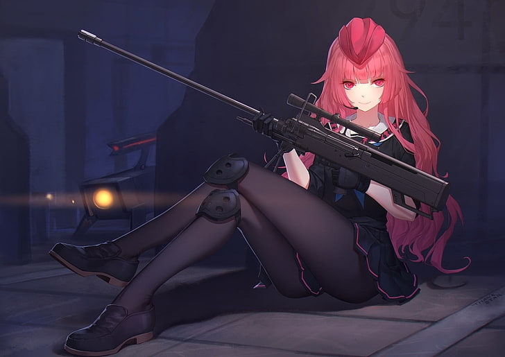 anime, meninas anime, Girls Frontline, ntw-20 (Girls Frontline), arma, arma, rifle sniper, pernas, cabelos longos, ruiva, olhos vermelhos, cabelo rosa, meninas com armas, HD papel de parede