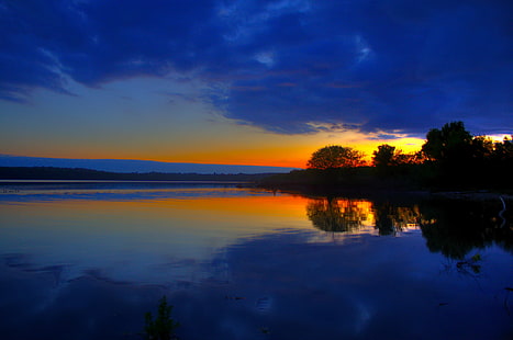calm body of water during golden hour, calm, body of water, golden hour, sunset  lake, trees, orange, blue, dark  sky, Best of, Clouds, Storms, Sunsets, nature, sunset, reflection, water, landscape, dusk, sky, lake, outdoors, scenics, tree, tranquil Scene, beauty In Nature, summer, sunlight, sun, sunrise - Dawn, HD wallpaper HD wallpaper
