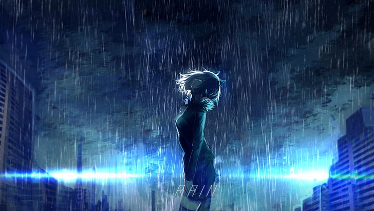Wanita berdiri di bawah hujan wallpaper digital, gadis anime, hujan, Wallpaper HD