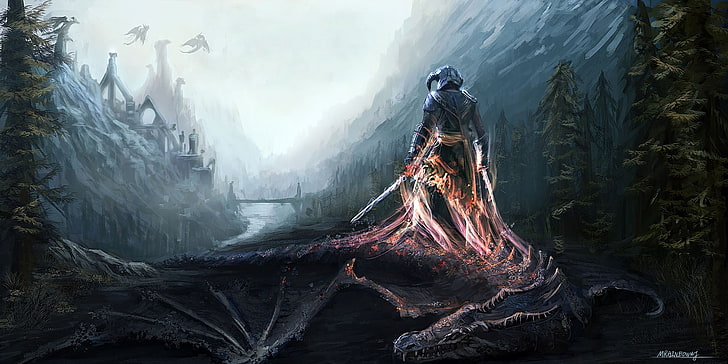 fondo de pantalla de la aplicación del juego, dovahkiin, The Elder Scrolls V: Skyrim, fan art, obras de arte, arte de fantasía, dragón, videojuegos, guerrero, Fondo de pantalla HD