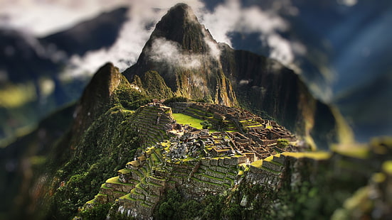 kahverengi ve yeşil dağ, Machu Picchu, Peru, Machu Picchu, dağlar, Peru, tilt shift, HD masaüstü duvar kağıdı HD wallpaper