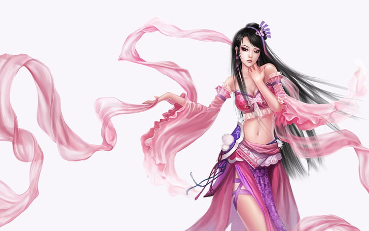 검은 긴 머리 폭포 Hd와 아시아 댄서 동양 춤 춤 아름다운 중국 소녀 배경 화면 3840 × 2400, HD 배경 화면