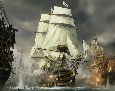 braune und weiße Bootsillustration, Schiff, der Kampf, Gesamtkrieg, HD-Hintergrundbild HD wallpaper