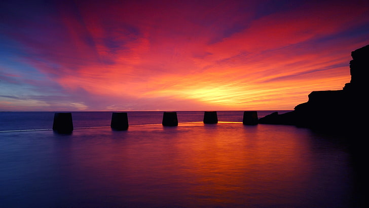 nature, sunset, sky, sea, clouds, horizon, swimming pool, water, red, HD wallpaper