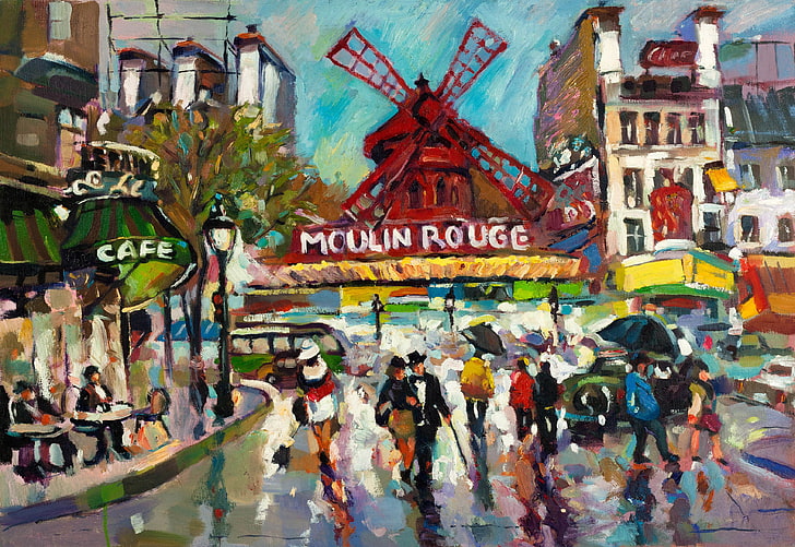 people in front of windmill painting, the city, people, rain, paint, France, Paris, modern, picture, art, cafe, cabaret, painting, colorful, canvas, impressionism, Boulevard, strokes, Moulin Rouge, famous, classic, red mill, oil., Clichy, Pigalle, HD wallpaper