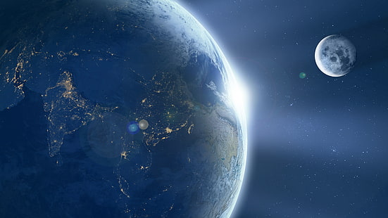 Erde und Mond, Erde, Mond, Sonnenaufgang, Indien, HD, 4K, 8K, HD-Hintergrundbild HD wallpaper