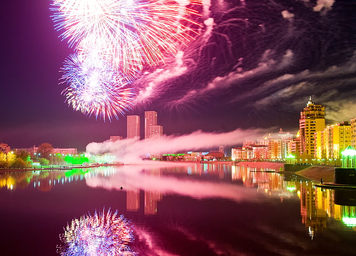 fireworks display, night, the city, river, holiday, home, salute, Astana, Ishim, the day of the city, HD wallpaper