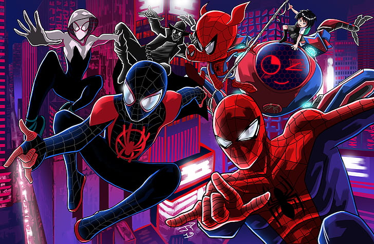 Movie, Spider-Man: Into The Spider-Verse, Miles Morales, Peni Parker, Spider-Ham, Spider-Man, Spider-Man Noir, HD wallpaper