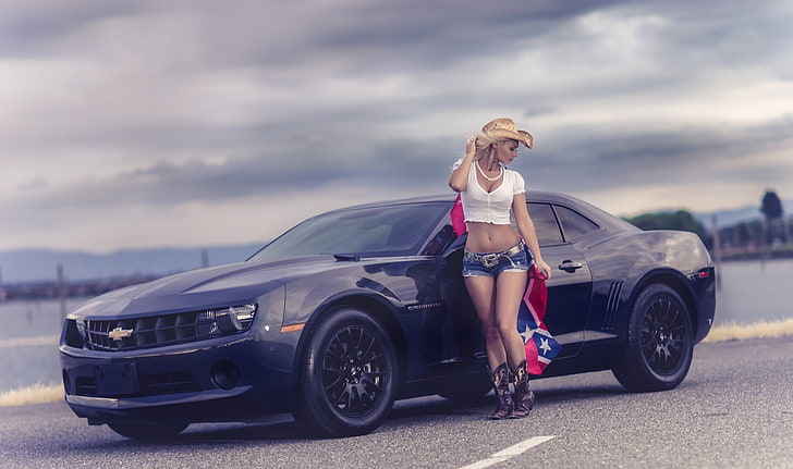 wanita, model, wanita dengan mobil, celana pendek, celana pendek jean, Chevrolet Camaro, Wallpaper HD