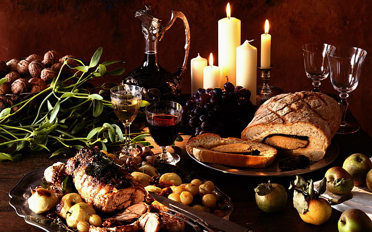 five white pillar candles and baked bread, wine, grapes, still life, vegetables, roll, baked meat, HD wallpaper