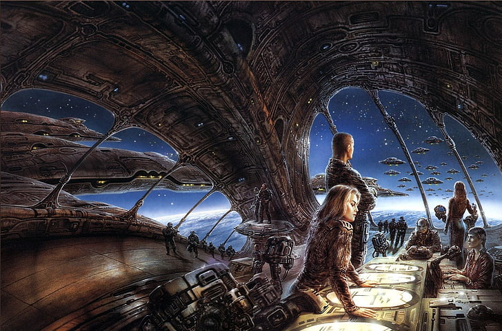 grupa ludzi wewnątrz ilustracji statku kosmicznego, Luis Royo, futurystyczny, science fiction, Tapety HD