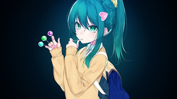 cute, blue hair, anime art, anime girl, candie, school uniform, lollipop, backpack, HD wallpaper