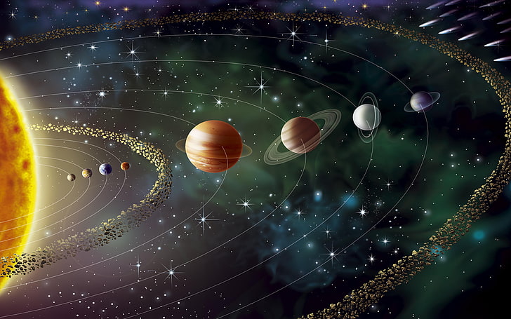 النظام الشمسي مع الكواكب عطارد فينوس الأرض المريخ حزام الكويكب كوكب المشتري زحل أورانوس نبتون وبلوتون خلفية سطح المكتب HD 5200 × 3250، خلفية HD