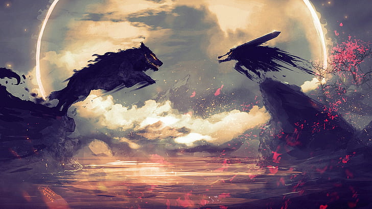 wojownik walczący z ilustracją mrocznego wilka, Berserk, demon, Tapety HD