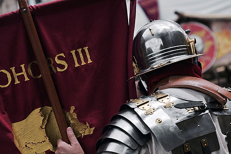 gray steel helmet, Rome, soldier, Ancient Rome, Legionnaire, armor, men, HD wallpaper HD wallpaper