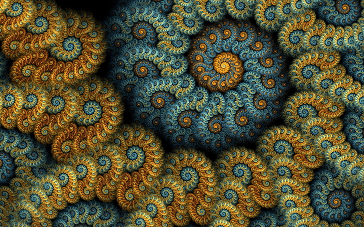 illustration bleue et jaune, spirale, fond, modèles, lignes, tissé, rotation, Fond d'écran HD