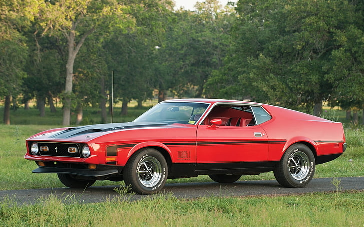 coupé rossa, alberi, rosso, Mustang, Ford, 1971, anteriore, muscle car, Mach 1, Sfondo HD