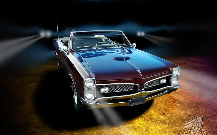 бордовый Pontiac GTO кабриолет в фотографии крупным планом, Pontiac GTO, автомобиль, винтаж, автомобиль, цифровое искусство, HD обои