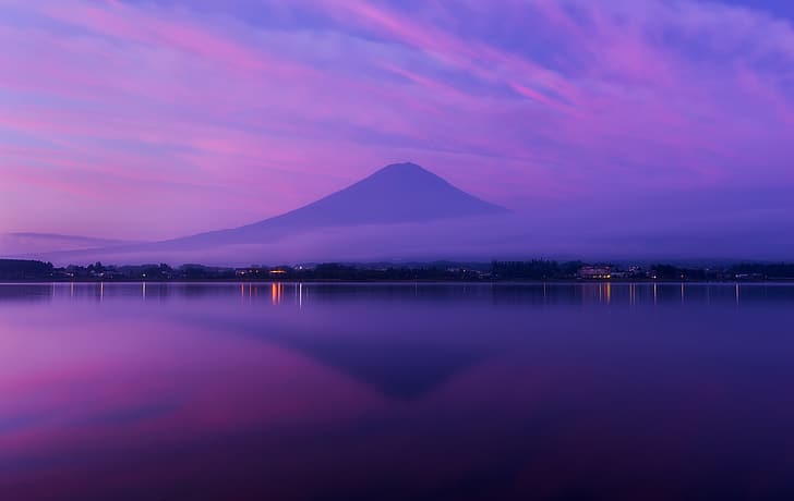 sky, volcano, Japan, lights, reflection, shore, clouds, Fuji Mountain, fujiyama, lilac, HD wallpaper