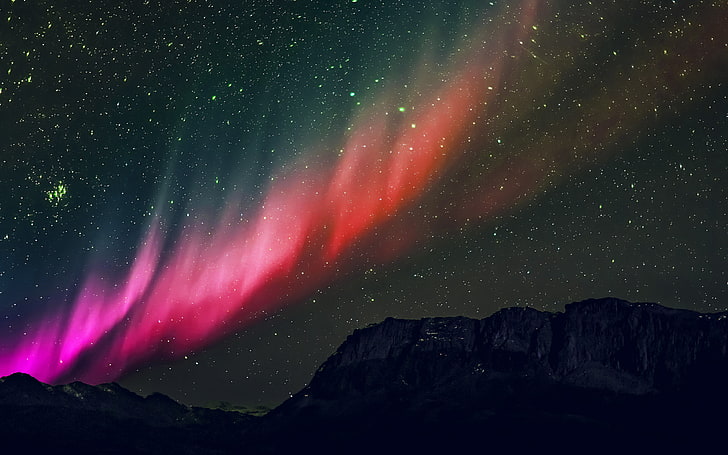 aurora, night, sky, mountain, space, nature, rainbow, love, HD wallpaper