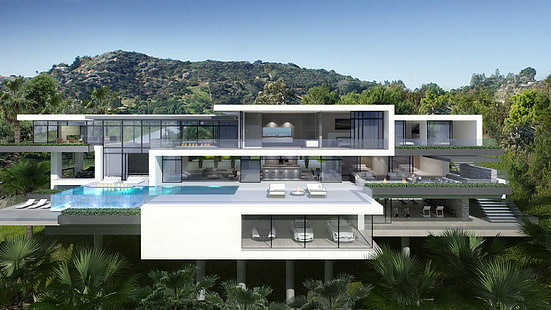 arquitetura, construção, projeto, casa, interior, mansão, piscina, natação, HD papel de parede HD wallpaper