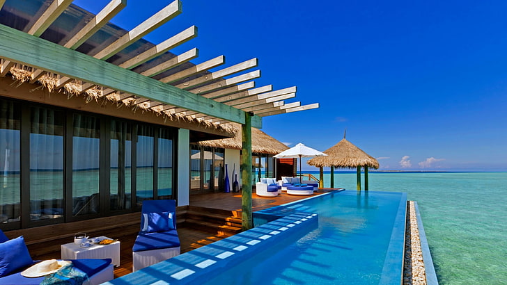 resort, maldives, leisure, swimming pool, maldive islands, vacation, caribbean, villa, tourism, sea, tropics, hotel, sky, HD wallpaper