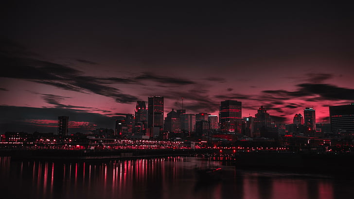 dusk, north america, montreal, canada, quebec, pink sky, skyscraper, architecture, evening, sunset, reflection, panorama, night, metropolis, skyline, city, sky, red sky, cityscape, HD wallpaper