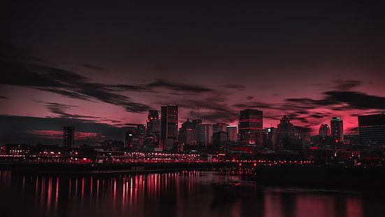 здрач, Северна Америка, Монреал, Канада, Квебек, розово небе, небостъргач, архитектура, вечер, залез, отражение, панорама, нощ, метрополия, силует, град, небе, червено небе, градски пейзаж, HD тапет HD wallpaper