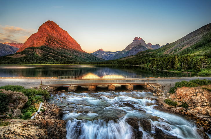 mountain near body of water during daytime, Edge, Glacier National Park, Sunrise  mountain, body of water, daytime, america, blog, bridge, cold  Color, customs, D2Xs, digital, dynamic, zing, frigid, glow, Hdr, high, hills, imaging, Landscape, lodge, Montana, morning, mountain, National, natural, Nikon, north  northwest, Panorama  park, peak, photography, pink, plains, range, ratcliff, river  running, scenic, states, stream, stuck, Sunrise, Travel, usa, water, west, wild, wilderness, nature, river, scenics, outdoors, lake, beauty In Nature, rock - Object, HD wallpaper