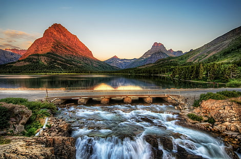 mountain near body of water during daytime, Edge, Glacier National Park, Sunrise  mountain, body of water, daytime, america, blog, bridge, cold  Color, customs, D2Xs, digital, dynamic, zing, frigid, glow, Hdr, high, hills, imaging, Landscape, lodge, Montana, morning, mountain, National, natural, Nikon, north  northwest, Panorama  park, peak, photography, pink, plains, range, ratcliff, river  running, scenic, states, stream, stuck, Sunrise, Travel, usa, water, west, wild, wilderness, nature, river, scenics, outdoors, lake, beauty In Nature, rock - Object, HD wallpaper HD wallpaper