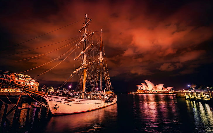 Sydney, Sydney Opera House, sailing ship, ship, sky, vehicle, night, HD wallpaper